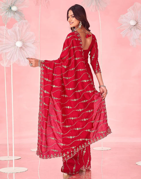 Vasthrlay Embroidery Scalloped Red Saree With Unstitched Blouse Piece