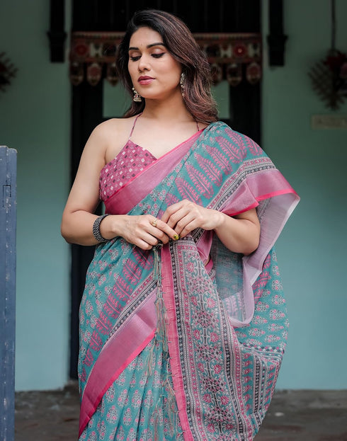 Vasthrlay Womens Printed Unstitched Light Green Saree