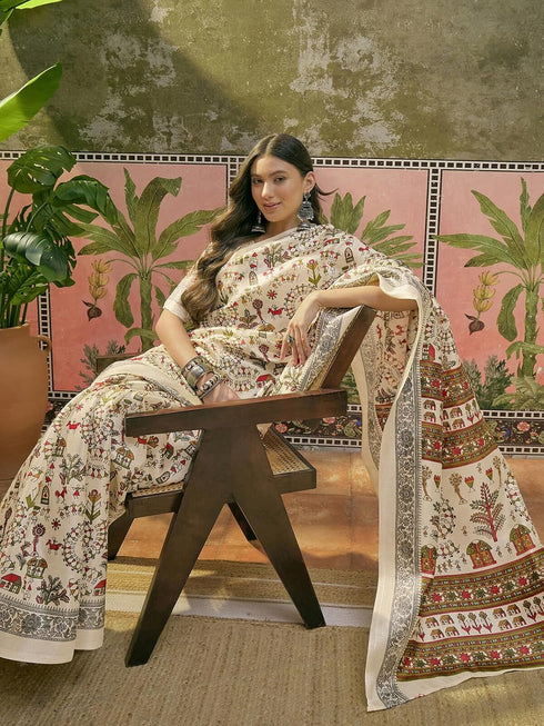 Vasthrlay Womens Printed Beige | Multicolour Saree With Unstitched Blouse Piece