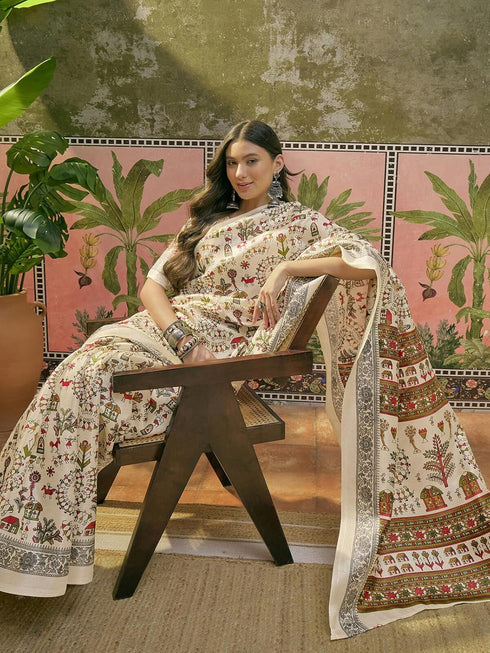 Vasthrlay Womens Printed Unstitched Beige Saree