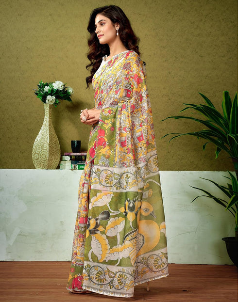 Vasthrlay Chanderi Printed Yellow And Green Saree With Unstitched Blouse Piece