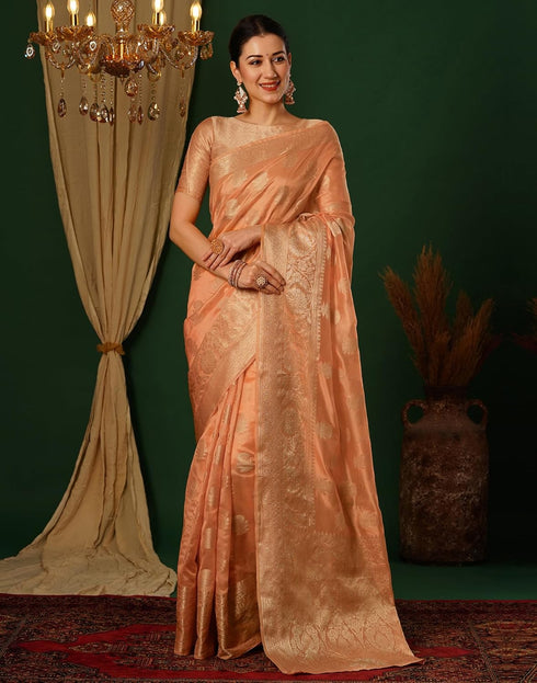Vasthrlay Banarasi Kanjivaram Unstitched Orange Saree
