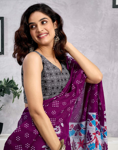 Vasthrlay Womens Printed Wine Saree With Black Unstitched Blouse Piece