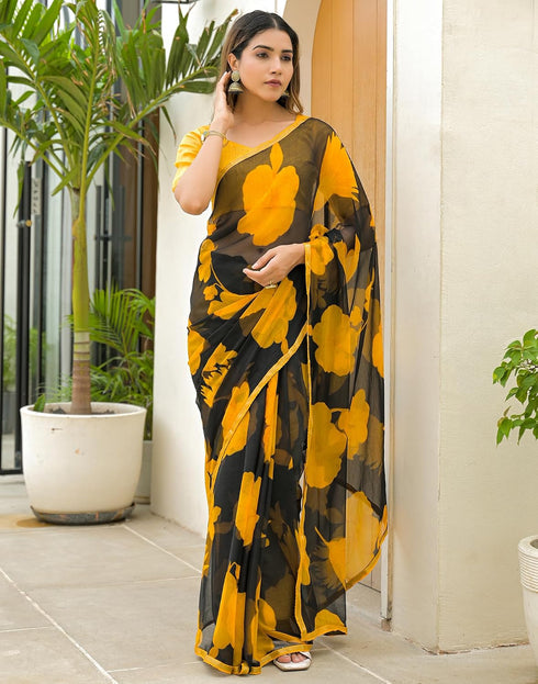 Vasthrlay Chiffon Blouse Black | Yellow Saree With Unstitched Blouse Piece
