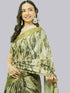 Vasthrlay Olive Green Geometric Triangle Print Polyester Saree With Muted Gold Zari Border And Teal Blue Ruched Unstitched Blouse Piece