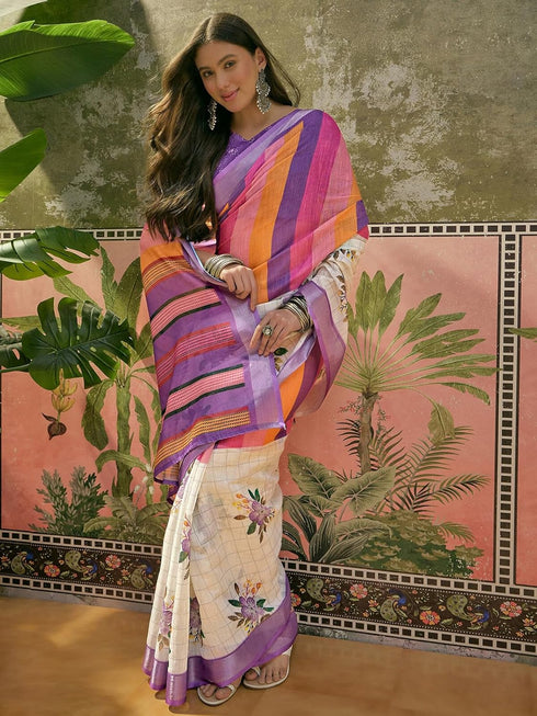 Vasthrlay Womens Printed Unstitched White Saree