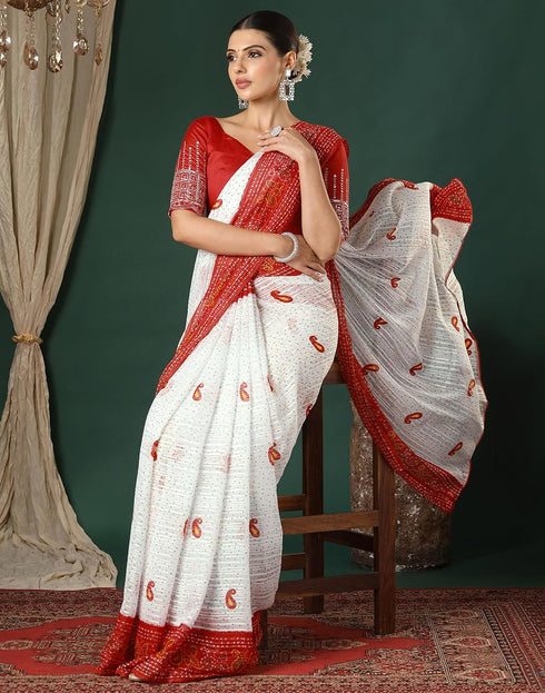 Vasthrlay Georgette Bandhani Red And White Saree With Unstitched Blouse Piece