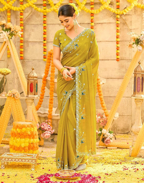 Vasthrlay Georgette Embroidery Mustard Yellow Saree With Unstitched Blouse Piece