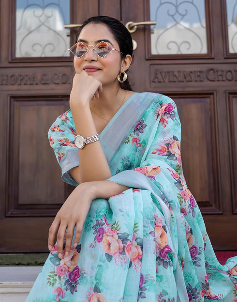Vasthrlay Womens Printed Sky Blue Saree With Unstitched Blouse Piece