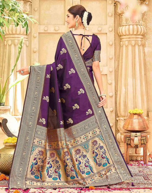 Vasthrlay Womens Paithani Purple Saree With Unstitched Blouse Piece
