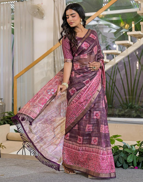 Vasthrlay Womens Printed Unstitched Purple Saree