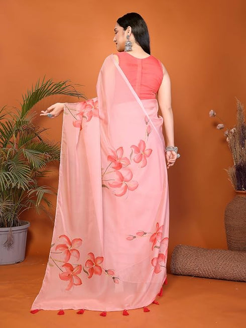 Vasthrlay Orange Digital Print Linen Ready To Wear Saree For Women