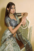 Vasthrlay Steel Grey Beige Geometric Triangle Print Polyester Saree With Muted Gold Zari Border And Teal Blue Ruched Unstitched Blouse Piece
