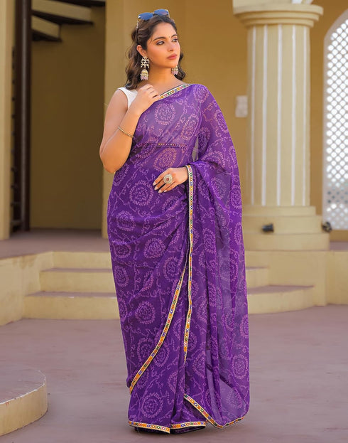 Vasthrlay Georgette Bandhani Purple Saree With Unstitched Blouse Piece