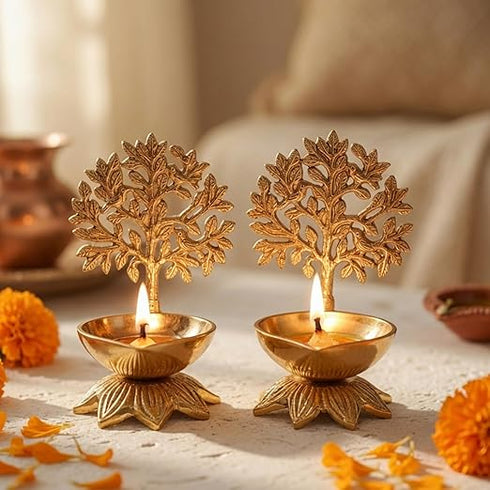Behoma 100% Pure Brass Kalpavriksha Diya for Puja - Set of 2