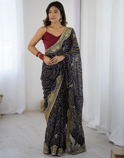 Vasthrlay Georgette Printed Blue Saree With Unstitched Blouse Piece