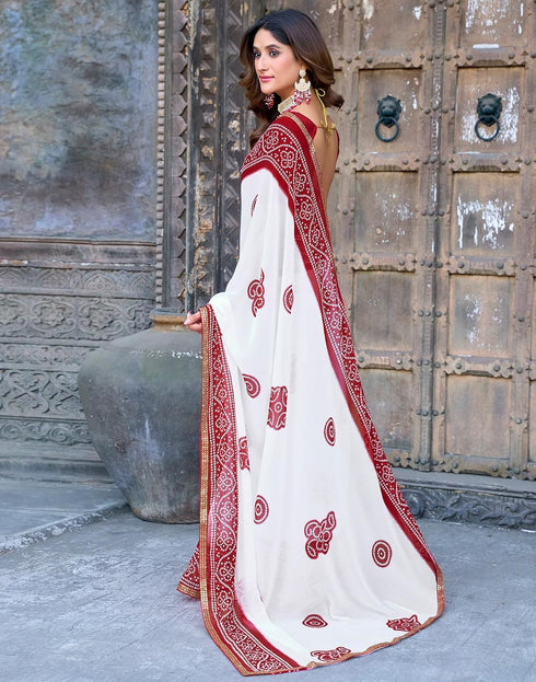 Vasthrlay Bandhani Georgette White And Red Saree With Unstitched Blouse Piece