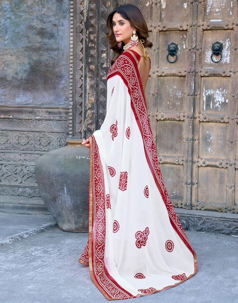 Vasthrlay Bandhani Georgette Unstitched White Saree