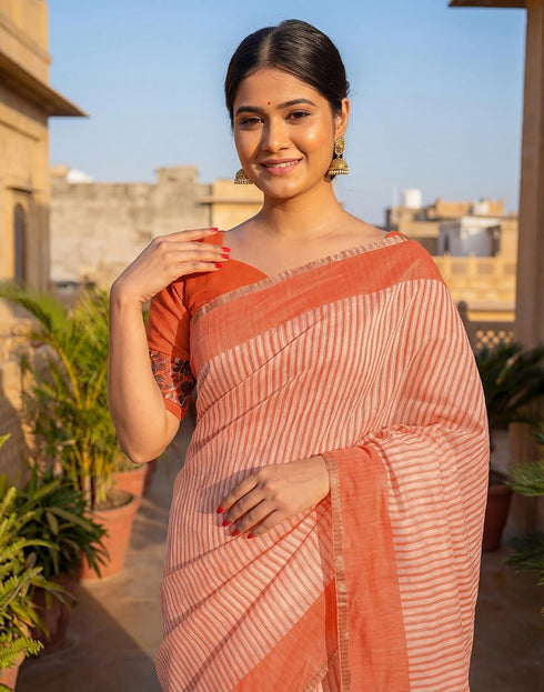 Vasthrlay Womens Printed Off-White | Orange Saree With Unstitched Blouse Piece
