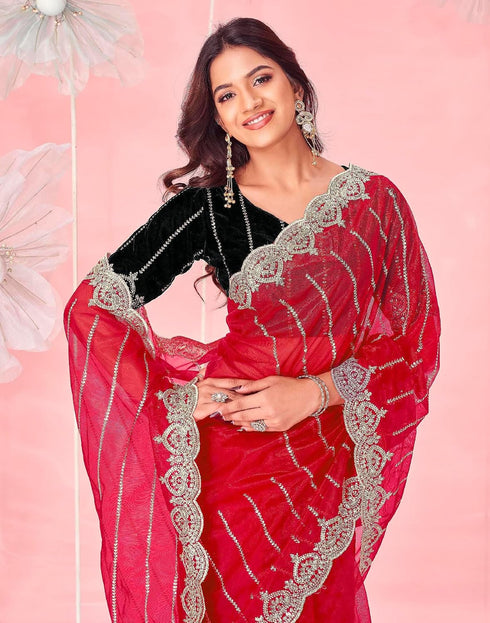 Vasthrlay Embroidery Scalloped Red Saree With Black Unstitched Blouse Piece
