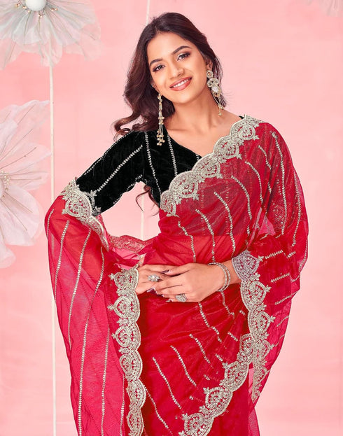Vasthrlay Embroidery Scalloped Unstitched Red Saree
