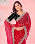Vasthrlay Embroidery Scalloped Red Saree With Black Unstitched Blouse Piece