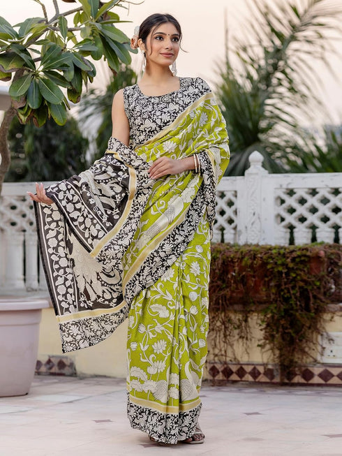 Vasthrlay Kalamkari Printed Olive Saree