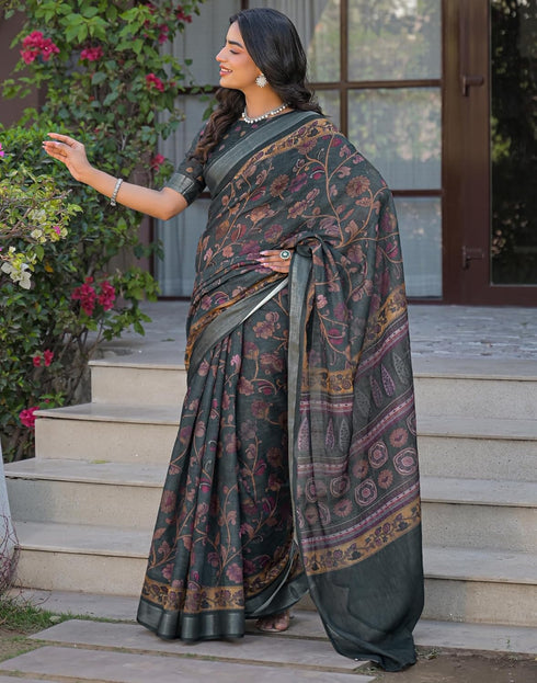 Vasthrlay Womens Printed Unstitched Dark Green Saree
