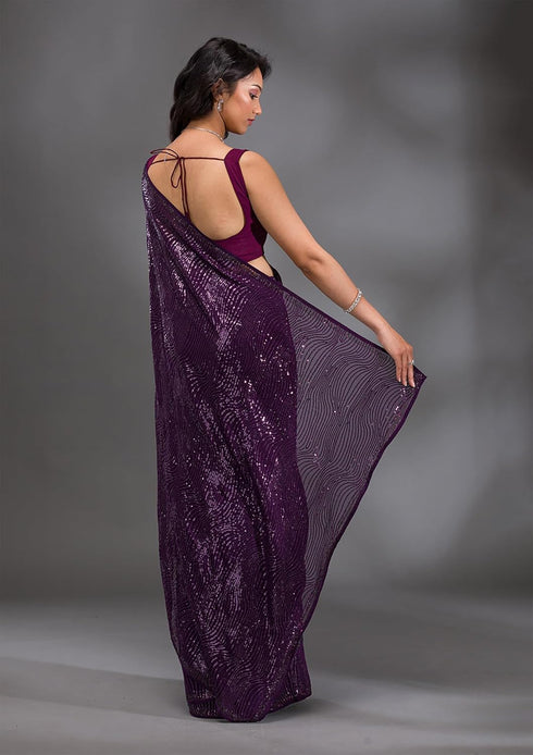 Vasthrlay Georgette Sequence Embroidery Purple Ethnic Wear