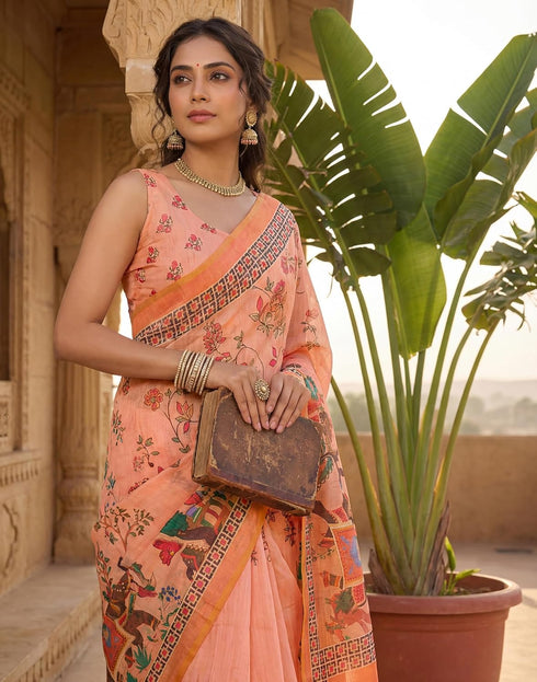 Vasthrlay Womens Printed Unstitched Peach Saree