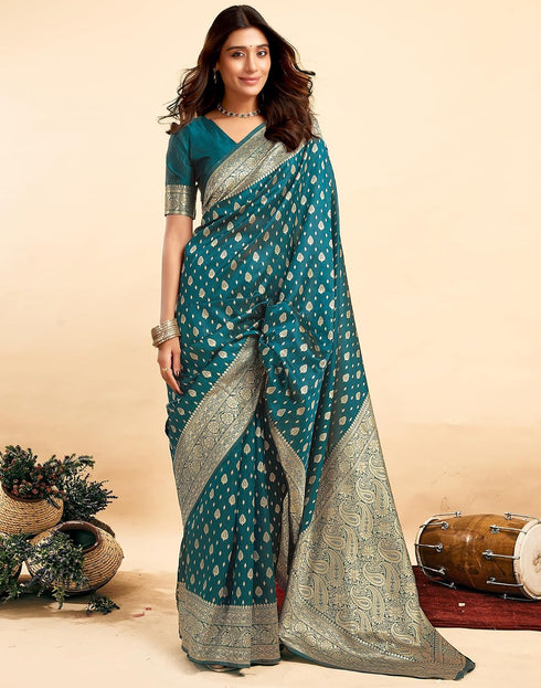 Vasthrlay Kanjivaram Banarasi Wedding Teal Blue Saree With Unstitched Blouse Piece