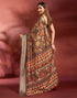 Vasthrlay Printed Jacquard Brown Saree With Unstitched Blouse Piece