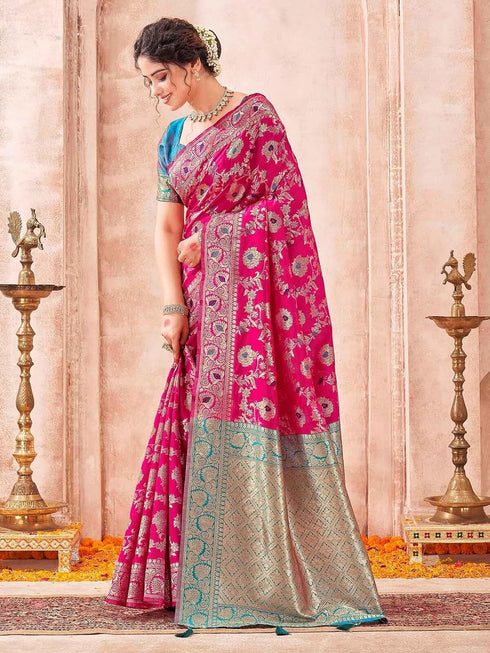 Vasthrlay Womens Banarasi Rani Pink Saree With Unstitched Blouse Piece