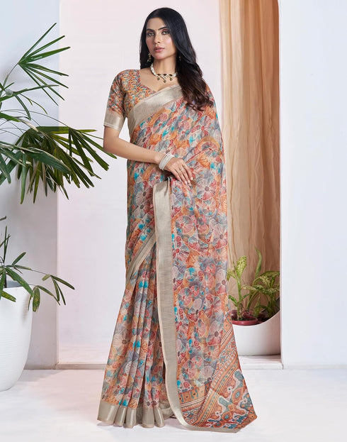 Vasthrlay Womens Printed Unstitched White Saree