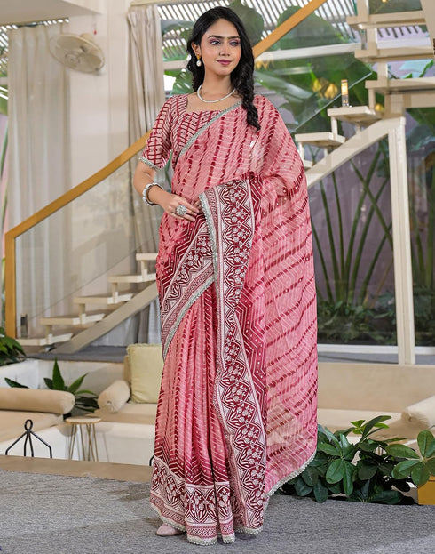 Vasthrlay Chiffon Chevron Pink Saree With Unstitched Blouse Piece