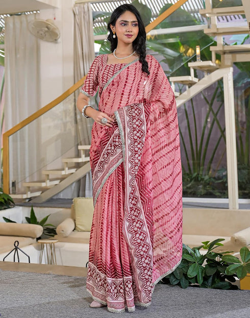 Vasthrlay Chiffon Chevron Unstitched Pista Green Saree