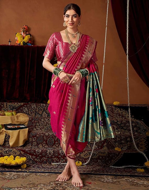 Vasthrlay Womens Paithani Unstitched Pink Saree