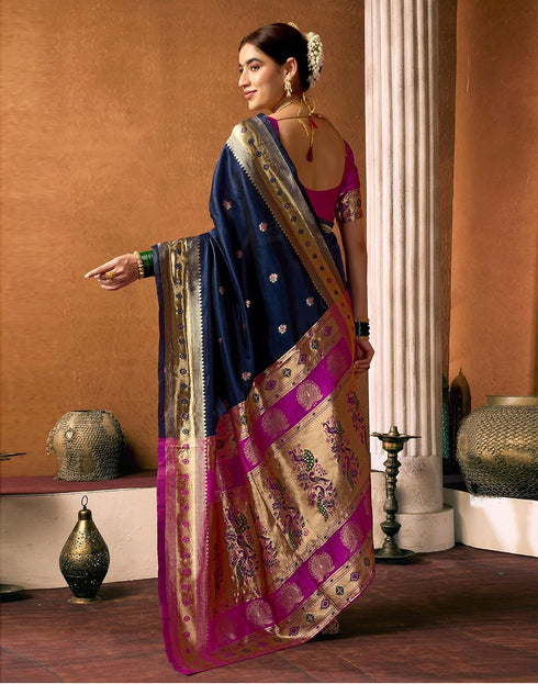 Vasthrlay Paithani Banarasi Dark Blue And Pink Saree With Unstitched Blouse Piece
