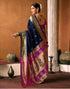 Vasthrlay Paithani Banarasi Dark Blue And Pink Saree With Unstitched Blouse Piece