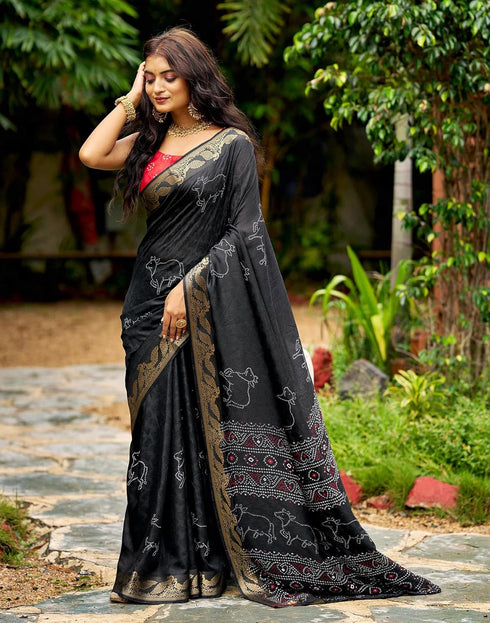 Vasthrlay Bandhani Printed Unstitched Black Saree