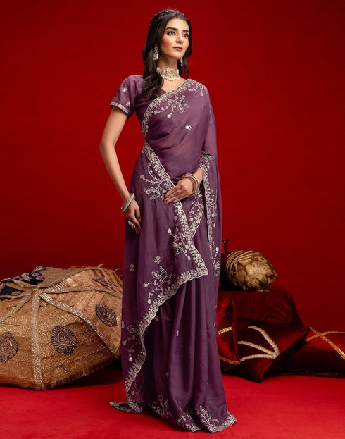 Vasthrlay Georgette Embroidery Unstitched Maroon Saree