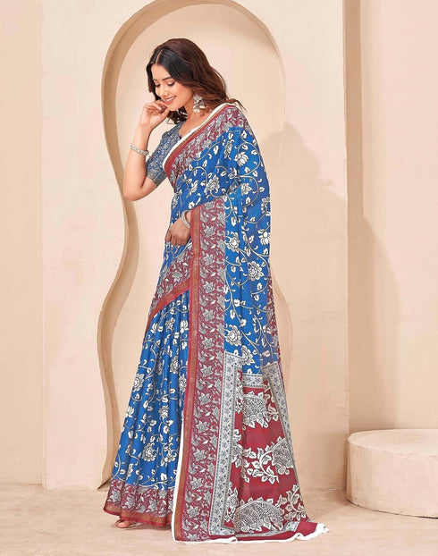 Vasthrlay Kalamkari Printed Blue | Maroon Saree With Blue Unstitched Blouse Piece
