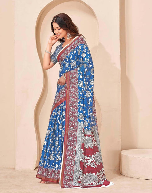 Vasthrlay Kalamkari Printed Unstitched Blue Saree