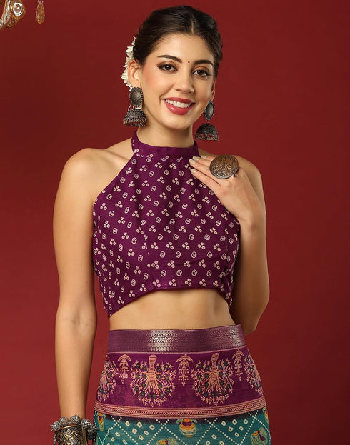 Vasthrlay Georgette Bandhani Teal Green And Wine Saree With Unstitched Blouse Piece