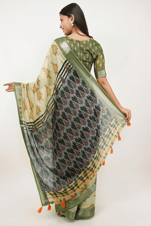 Vasthrlay Green Paisley Printed Linen Saree With Unstitched Blouse Piece