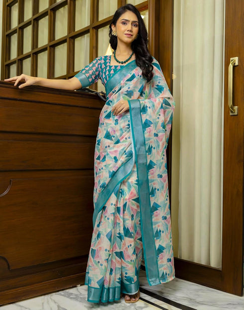 Vasthrlay Womens Cotton Unstitched Teal Saree
