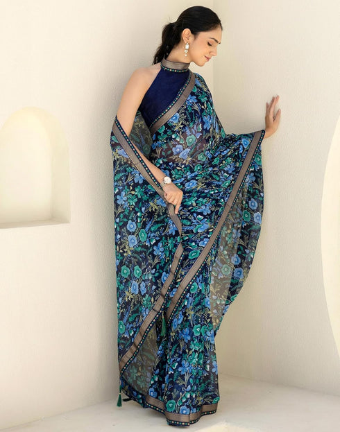 Vasthrlay Chiffon Tassels Unstitched Dark Green Saree
