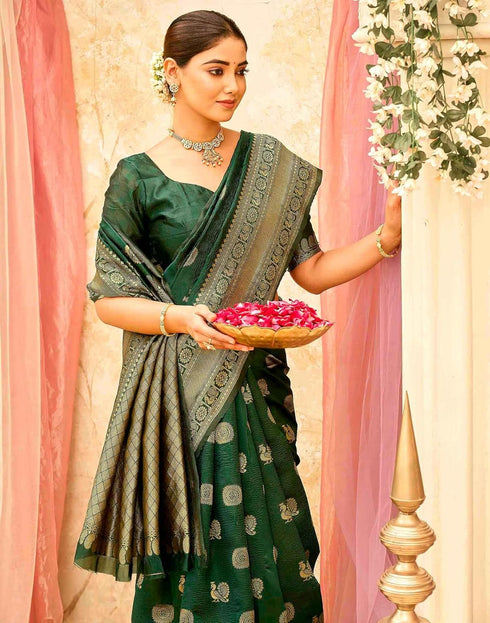 Vasthrlay Womens Weaving Unstitched Dark Green Saree