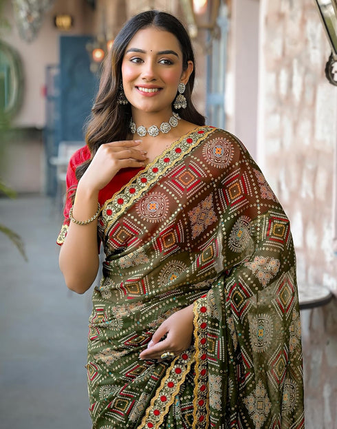 Vasthrlay Bandhani Embroidery Dark Green | Multi Saree With Unstitched Blouse Piece