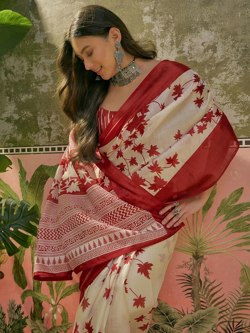 Vasthrlay Womens Printed Unstitched Beige Saree
